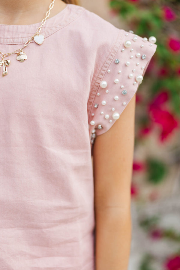 Girls: Radiant Glow Pink Pearl Embellished Blouse