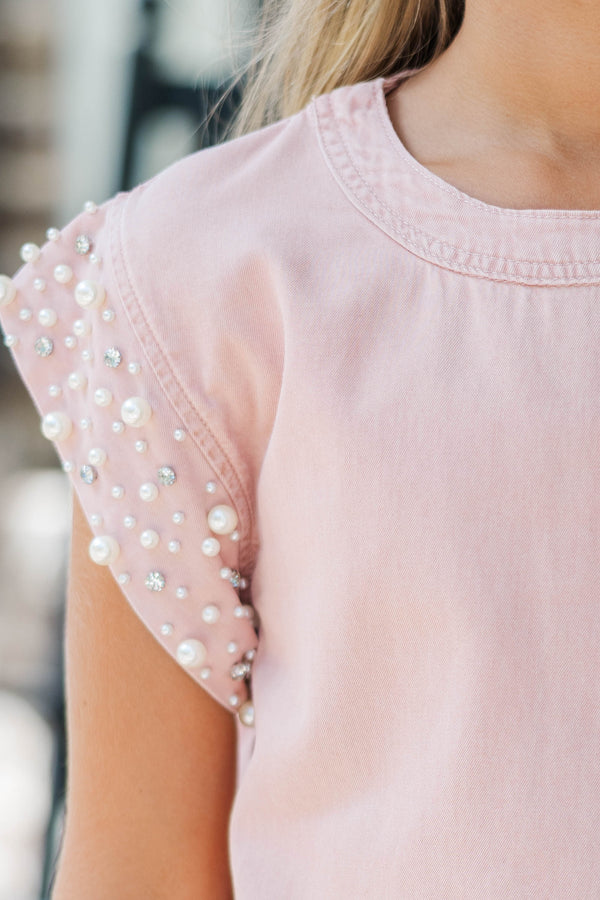 Girls: Radiant Glow Pink Pearl Embellished Blouse