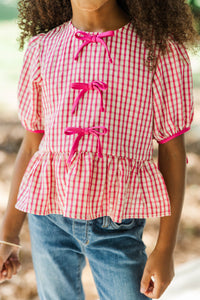 Girls: Can't Leave You Here Magenta Pink Gingham Blouse