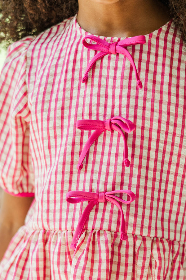 Girls: Can't Leave You Here Magenta Pink Gingham Blouse