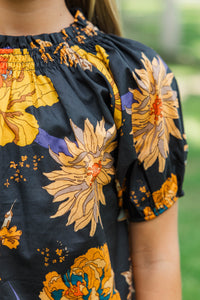 Girls: Feeling Fun Black Floral Bubble Sleeve Blouse