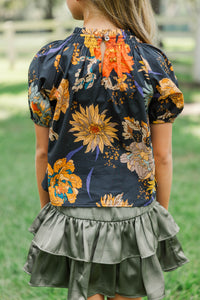 Girls: Feeling Fun Black Floral Bubble Sleeve Blouse