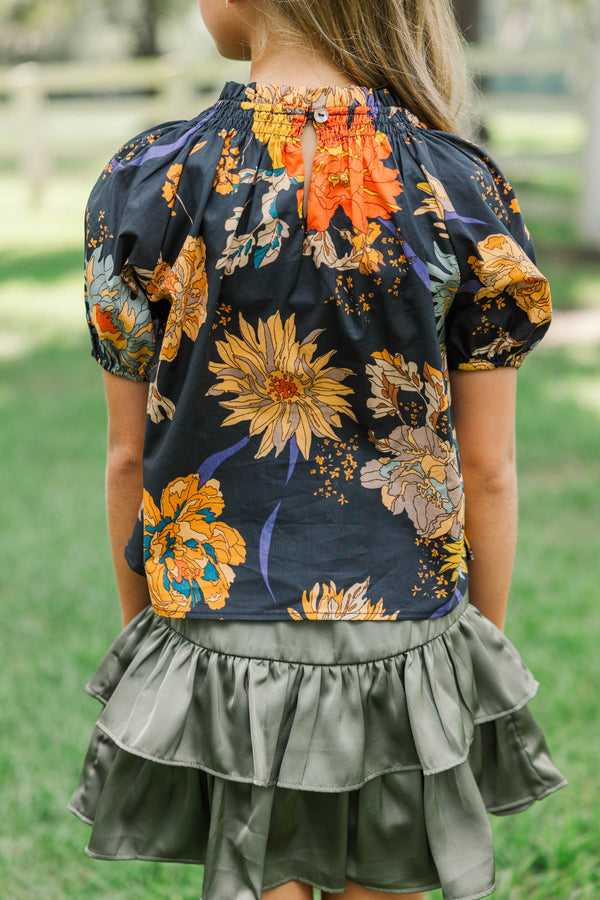 Girls: Feeling Fun Black Floral Bubble Sleeve Blouse