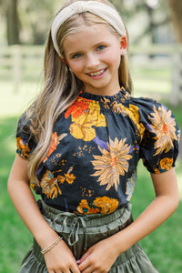 Girls: Feeling Fun Black Floral Bubble Sleeve Blouse