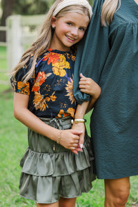 Girls: Feeling Fun Black Floral Bubble Sleeve Blouse