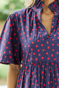 Feeling Your Best Navy Blue Apple Print Dress