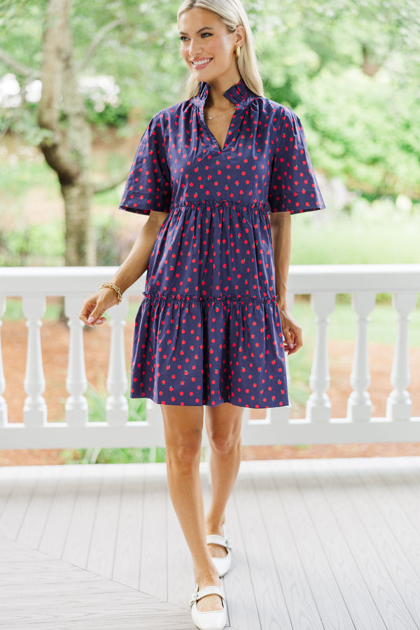 Feeling Your Best Navy Blue Apple Print Dress