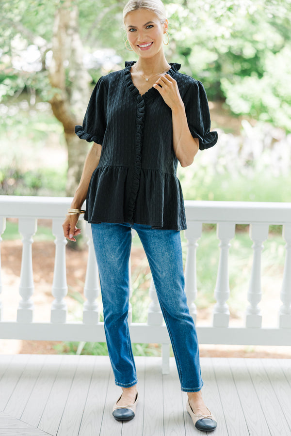 With Great Love Black Textured Puff Sleeve Blouse