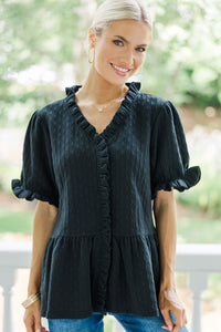 With Great Love Black Textured Puff Sleeve Blouse