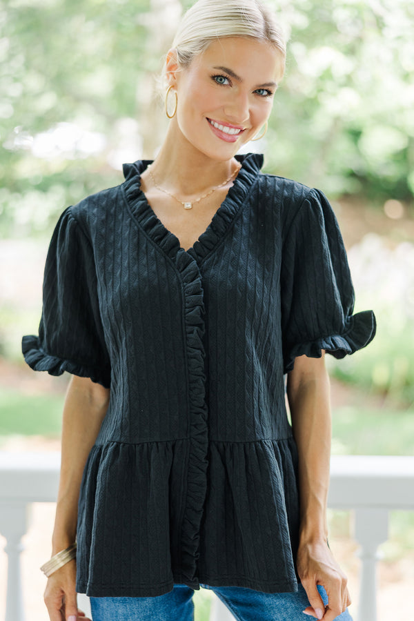 With Great Love Black Textured Puff Sleeve Blouse