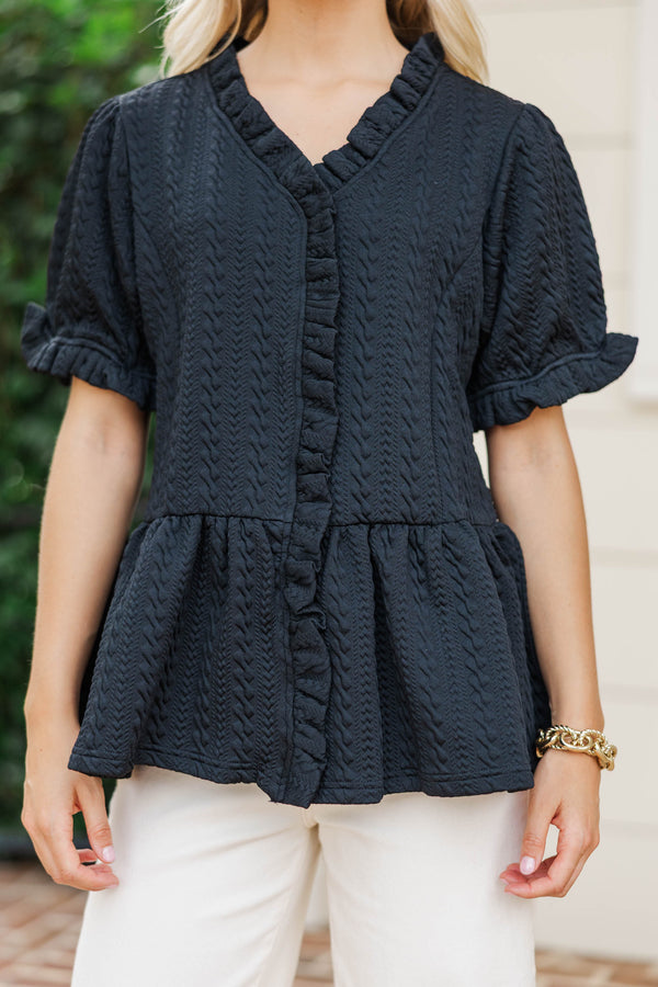 With Great Love Black Textured Puff Sleeve Blouse