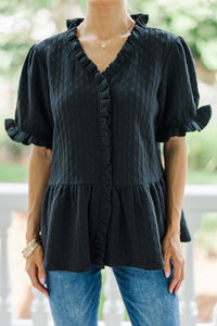 With Great Love Black Textured Puff Sleeve Blouse