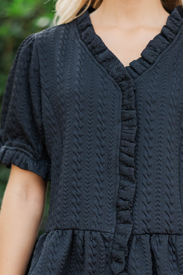 With Great Love Black Textured Puff Sleeve Blouse