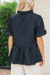 With Great Love Black Textured Puff Sleeve Blouse