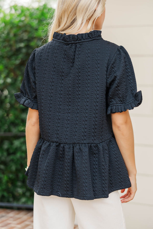 With Great Love Black Textured Puff Sleeve Blouse