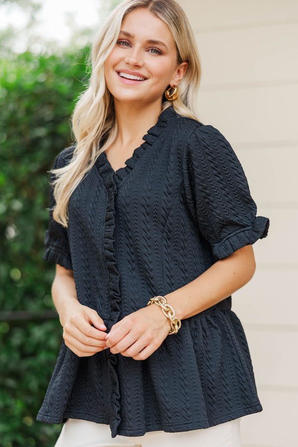 With Great Love Black Textured Puff Sleeve Blouse