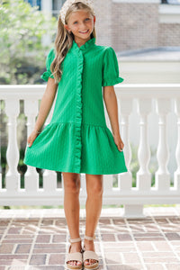 Girls: Stay You Green Textured Puff Sleeve Dress