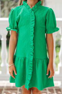 Girls: Stay You Green Textured Puff Sleeve Dress
