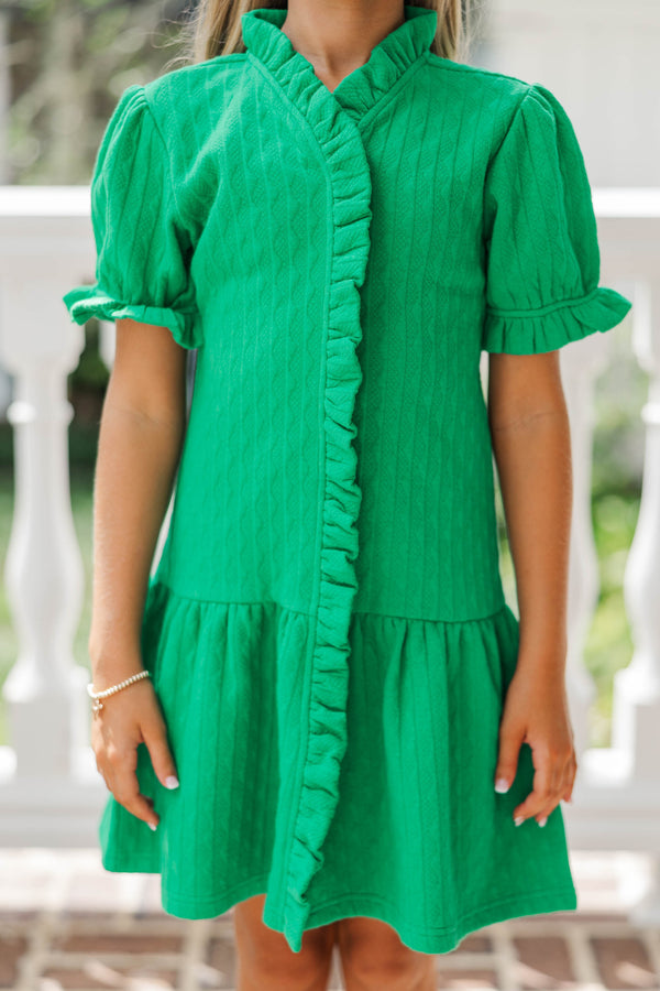 Girls: Stay You Green Textured Puff Sleeve Dress
