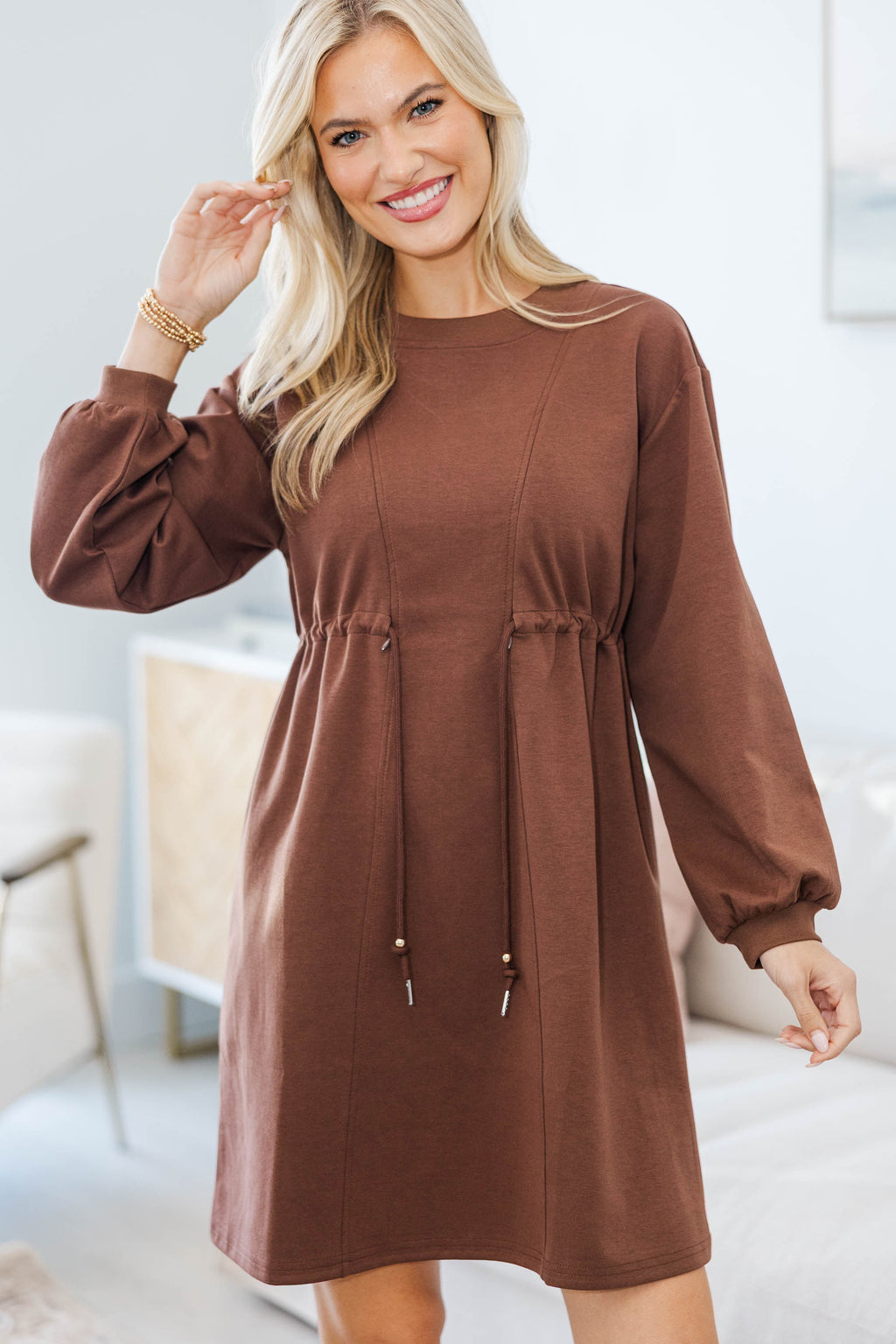 NURSING COLLECTION: Season Of Love Brown Drawstring Dress, Medium - The Mint Julep Boutique