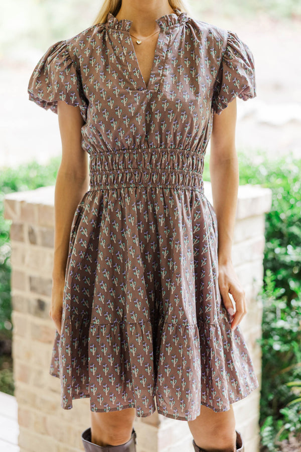 Let's Get Going Brown Medallion Floral Dress