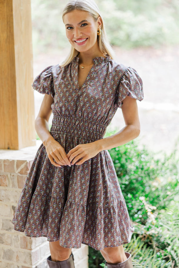Let's Get Going Brown Medallion Floral Dress