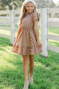 Girls: Let's Get Going Brown Medallion Dress