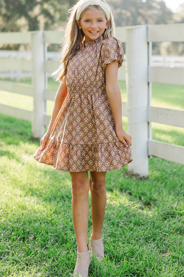 Girls: Let's Get Going Brown Medallion Dress