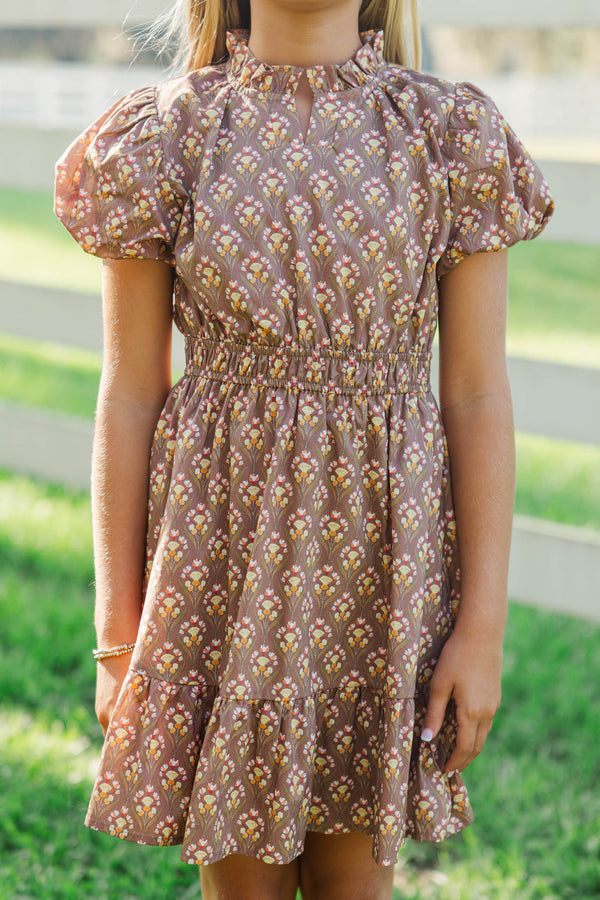 Girls: Let's Get Going Brown Medallion Dress