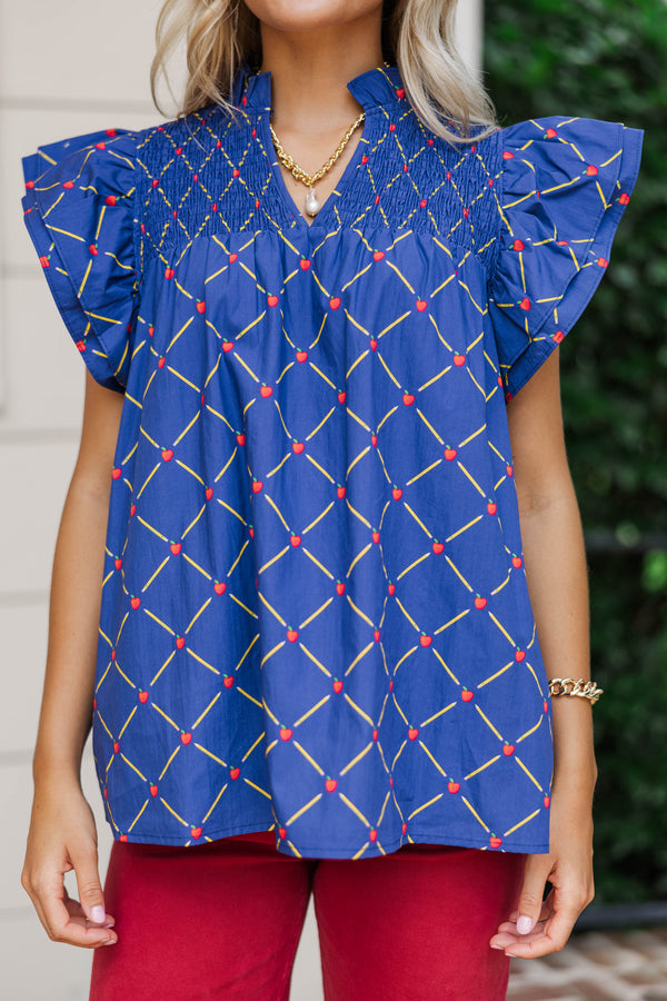 Live Out Loud Navy Blue Apple And Pencil Printed Blouse