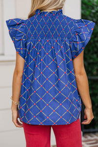 Live Out Loud Navy Blue Apple And Pencil Printed Blouse