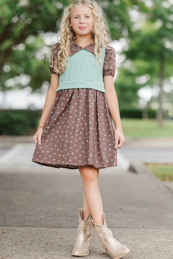 Girls: Playdate Fun Brown Bow Print Dress