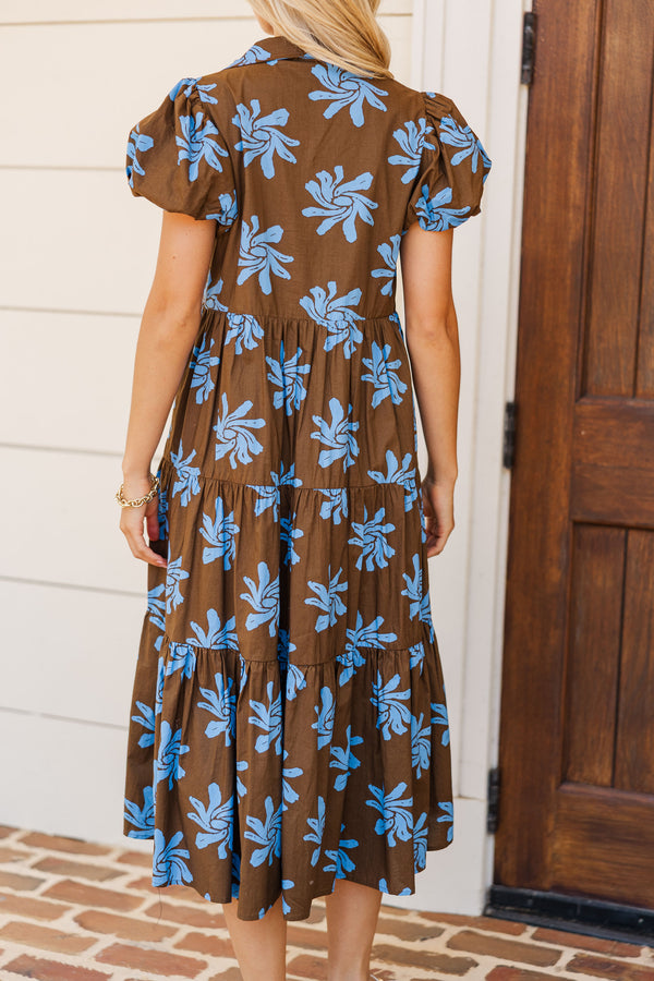 Perfect For You Brown Floral Button Down Midi Dress