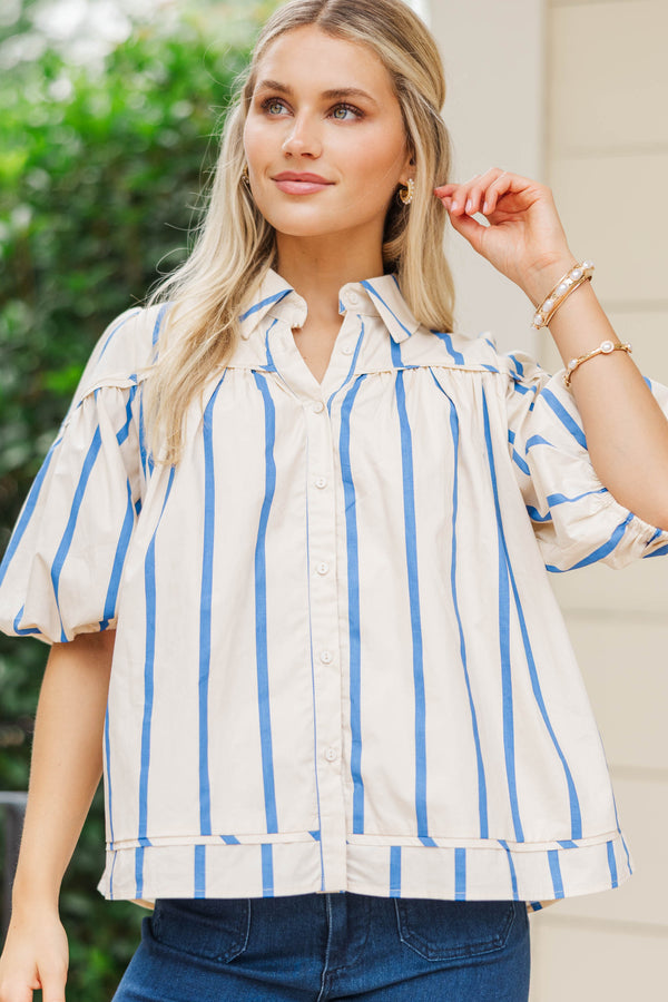 Better Than You Know Blue Striped Puff Sleeve Blouse