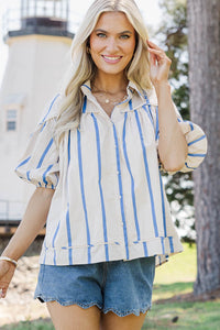 Better Than You Know Blue Striped Puff Sleeve Blouse