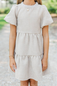 Girls: Cherished Moments Oatmeal Tweed Babydoll Dress