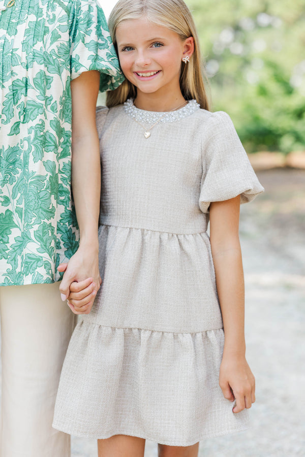 Girls: Cherished Moments Oatmeal Tweed Babydoll Dress