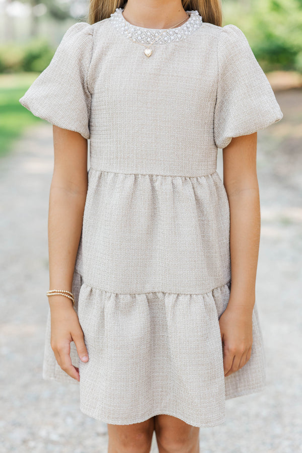 Girls: Cherished Moments Oatmeal Tweed Babydoll Dress