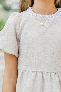 Girls: Cherished Moments Oatmeal Tweed Babydoll Dress