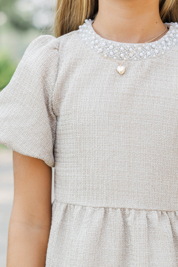 Girls: Cherished Moments Oatmeal Tweed Babydoll Dress