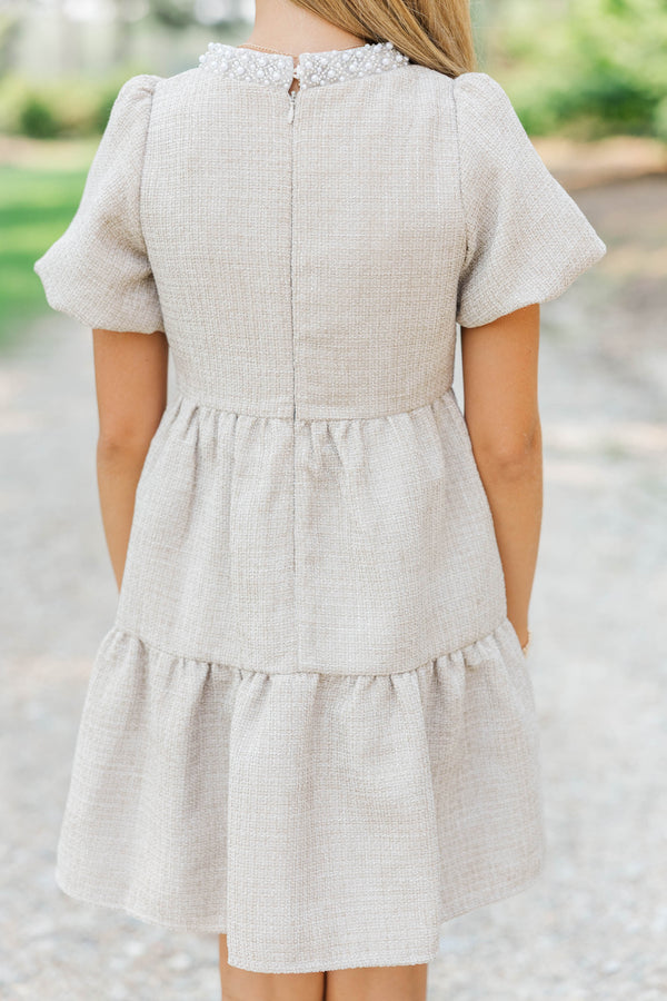 Girls: Cherished Moments Oatmeal Tweed Babydoll Dress