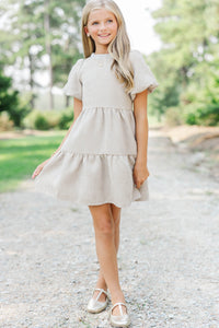 Girls: Cherished Moments Oatmeal Tweed Babydoll Dress