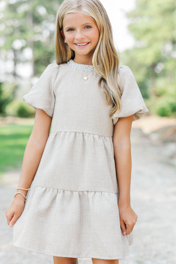 Girls: Cherished Moments Oatmeal Tweed Babydoll Dress
