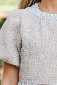 Girls: Cherished Moments Oatmeal Tweed Babydoll Dress