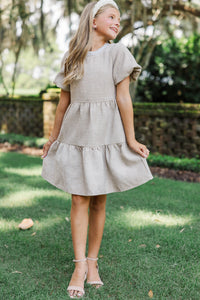 Girls: Cherished Moments Oatmeal Tweed Babydoll Dress
