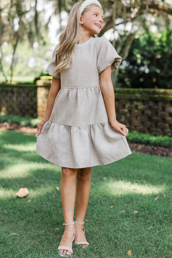 Girls: Cherished Moments Oatmeal Tweed Babydoll Dress