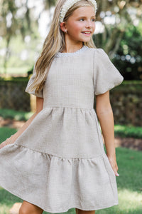 Girls: Cherished Moments Oatmeal Tweed Babydoll Dress