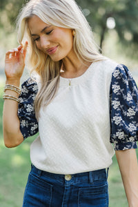 Cool Breeze Confidence Navy Embroidered Puff Sleeve Blouse