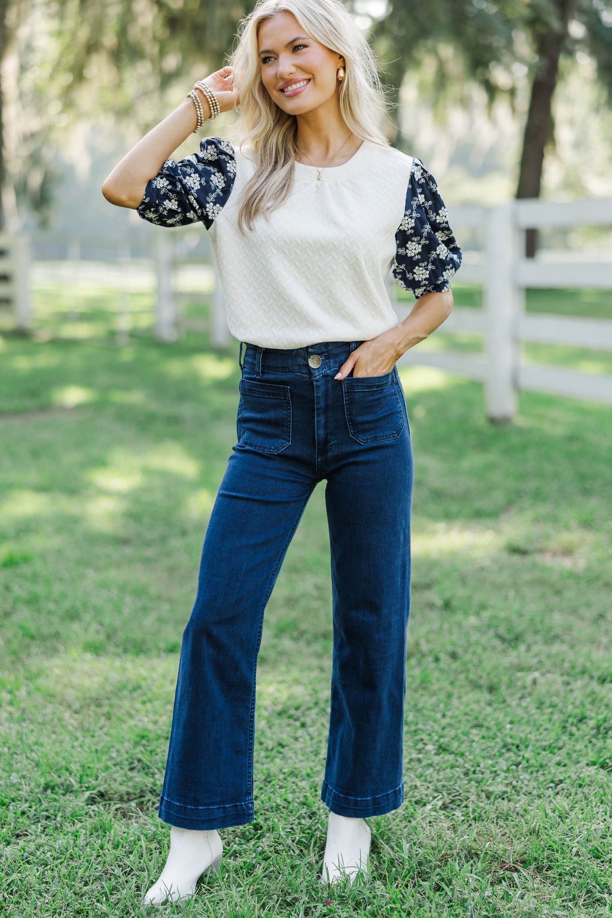 Cool Breeze Confidence Navy Embroidered Puff Sleeve Blouse – Shop