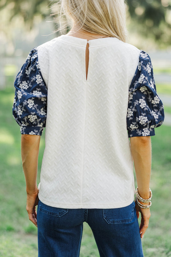 Cool Breeze Confidence Navy Embroidered Puff Sleeve Blouse